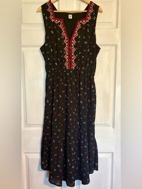 GAP Black Midi Dress with Red & White Embroidered Neckline